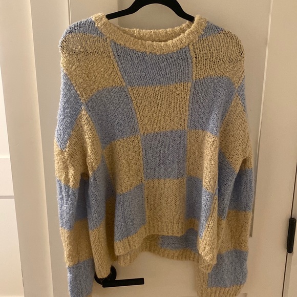 Beige Botany Cream and Blue Checkerboard Sweater - Picture 1 of 2